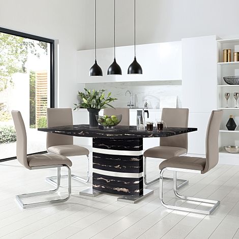Komoro Black Marble and Chrome Dining Table with 6 Perth Stone Grey Leather Chairs