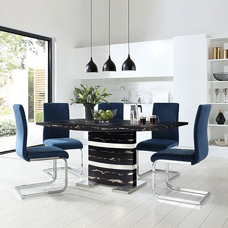 Komoro Black Marble and Chrome Dining Table with 4 Perth Blue Velvet Chairs