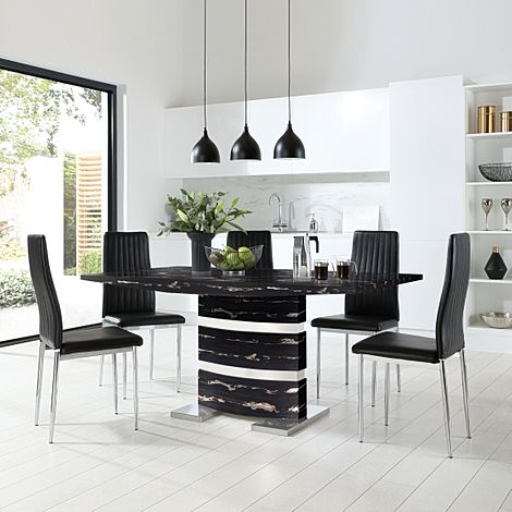 Komoro Black Marble and Chrome Dining Table with 4 Leon Black Leather Chairs