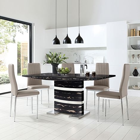 Komoro Black Marble and Chrome Dining Table with 4 Leon Stone Grey Leather Chairs