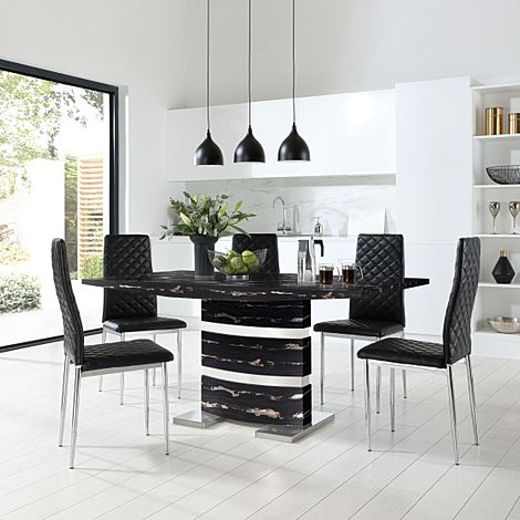 Komoro Black Marble and Chrome Dining Table with 4 Renzo Black Leather Chairs