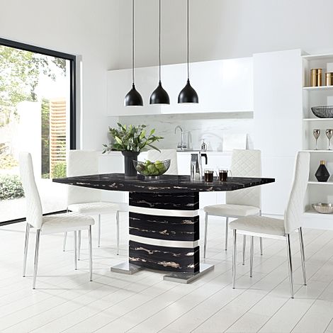 Komoro Black Marble and Chrome Dining Table with 4 Renzo White Leather Chairs