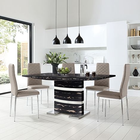 Komoro Black Marble and Chrome Dining Table with 4 Renzo Stone Grey Leather Chairs
