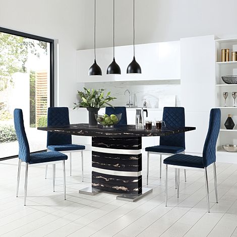 Komoro Black Marble and Chrome Dining Table with 4 Renzo Blue Velvet Chairs