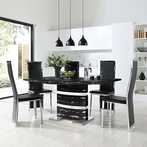 Komoro Black Marble and Chrome Dining Table with 4 Celeste Black Leather Chairs