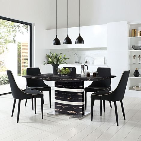 Komoro Black Marble and Chrome Dining Table with 4 Modena Black Fabric Chairs
