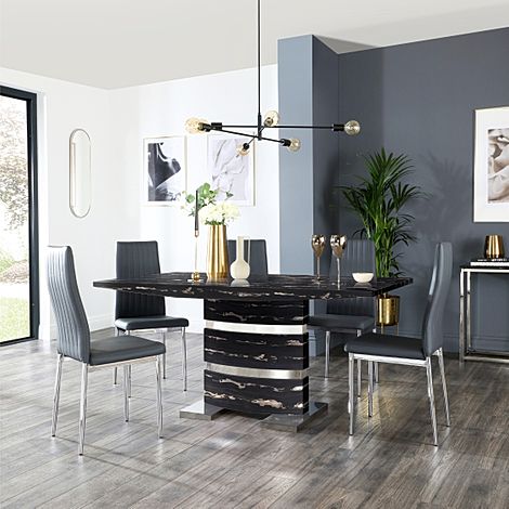 Komoro Black Marble and Chrome Dining Table with 4 Leon Grey Leather Chairs