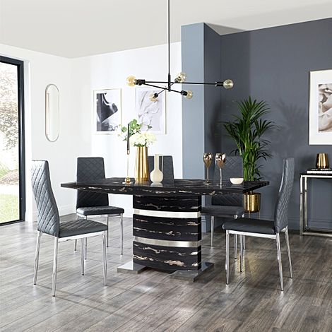 Komoro Black Marble and Chrome Dining Table with 4 Renzo Grey Leather Chairs