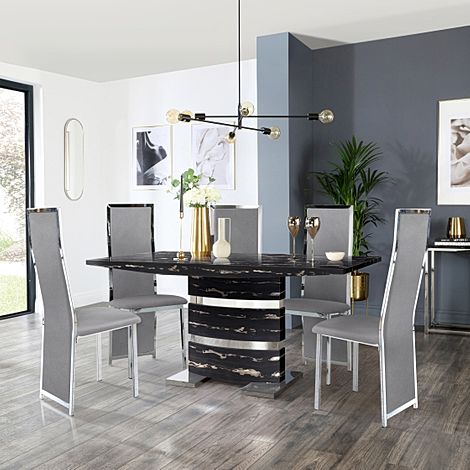 Komoro Black Marble and Chrome Dining Table with 6 Celeste Grey Velvet Chairs