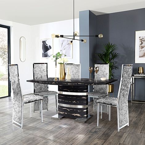 Komoro Black Marble and Chrome Dining Table with 4 Celeste Silver Crushed Velvet Chairs