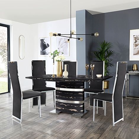 Komoro Black Marble and Chrome Dining Table with 4 Celeste Black Velvet Chairs