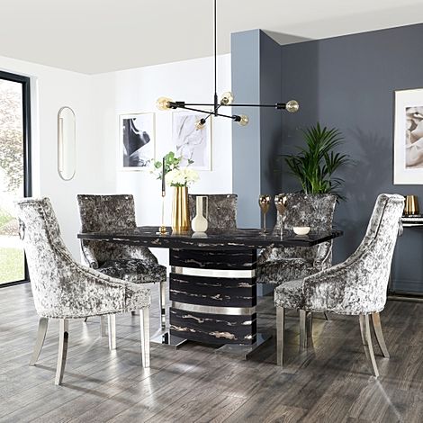 Komoro Black Marble and Chrome Dining Table with 6 Imperial Silver Velvet Chairs