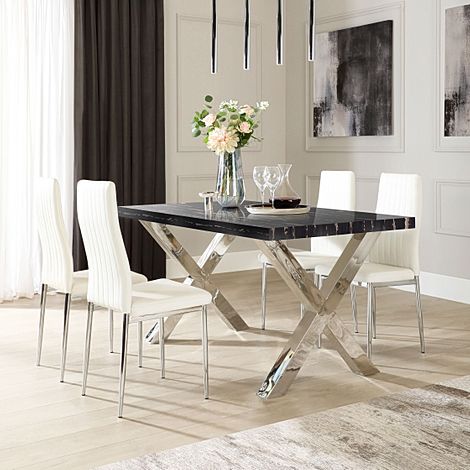 Carrera 150cm Black Marble and Chrome Dining Table with 4 Leon White Leather Chairs