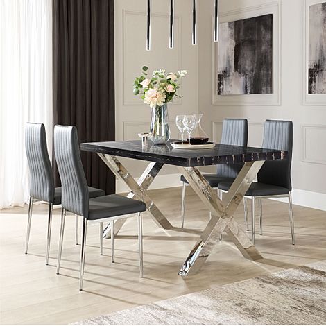 Carrera 150cm Black Marble and Chrome Dining Table with 4 Leon Grey Leather Chairs