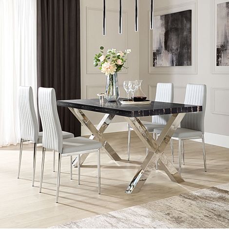 Carrera 150cm Black Marble and Chrome Dining Table with 4 Leon Light Grey Leather Chairs