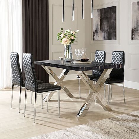 Carrera 150cm Black Marble and Chrome Dining Table with 4 Renzo Black Leather Chairs