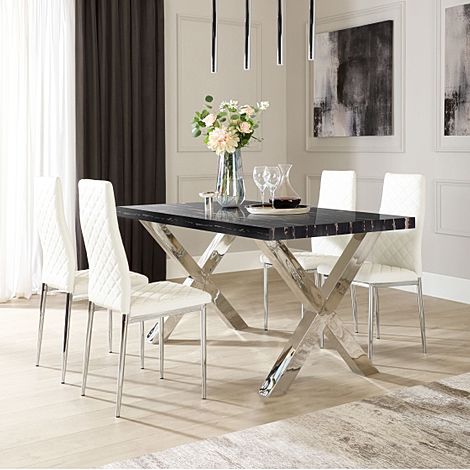 Carrera 150cm Black Marble and Chrome Dining Table with 4 Renzo White Leather Chairs