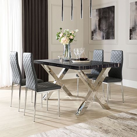Carrera 150cm Black Marble and Chrome Dining Table with 4 Renzo Grey Leather Chairs