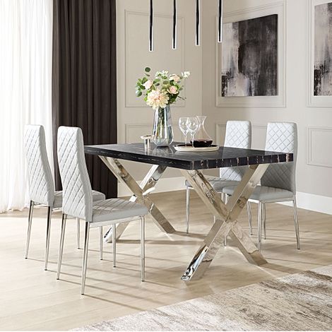 Carrera 150cm Black Marble and Chrome Dining Table with 4 Renzo Light Grey Leather Chairs