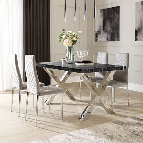 Carrera 150cm Black Marble and Chrome Dining Table with 4 Renzo Grey Velvet Chairs