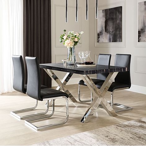 Carrera 150cm Black Marble and Chrome Dining Table with 4 Perth Black Leather Chairs