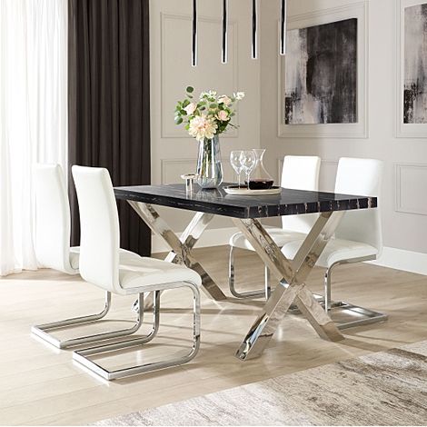 Carrera 150cm Black Marble and Chrome Dining Table with 4 Perth White Leather Chairs