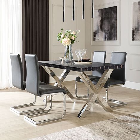 Carrera 150cm Black Marble and Chrome Dining Table with 4 Perth Grey Leather Chairs