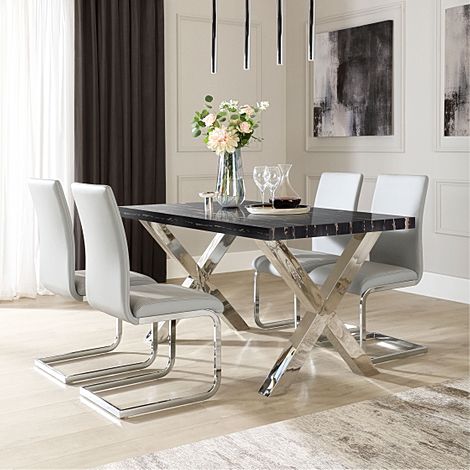 Carrera 150cm Black Marble and Chrome Dining Table with 4 Perth Light Grey Leather Chairs