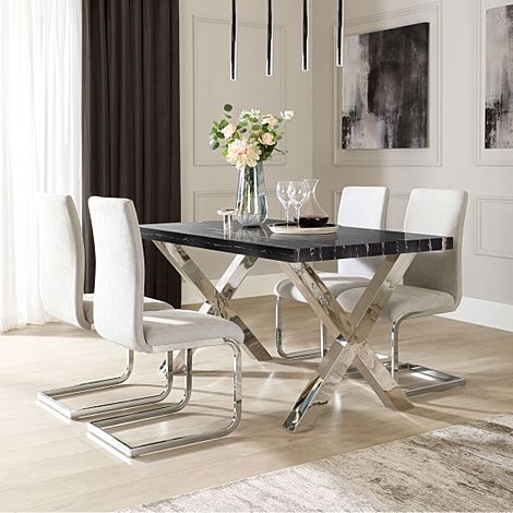 Carrera 150cm Black Marble and Chrome Dining Table with 4 Perth Dove Grey Fabric Chairs
