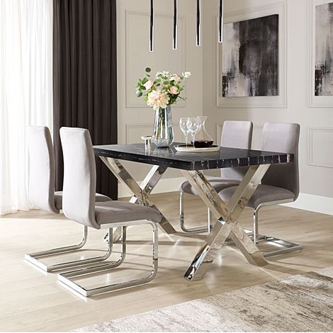 Carrera 150cm Black Marble and Chrome Dining Table with 4 Perth Grey Velvet Chairs