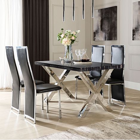 Carrera 150cm Black Marble and Chrome Dining Table with 4 Celeste Black Leather Chairs