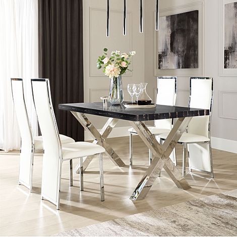 Carrera 150cm Black Marble and Chrome Dining Table with 4 Celeste White Leather Chairs