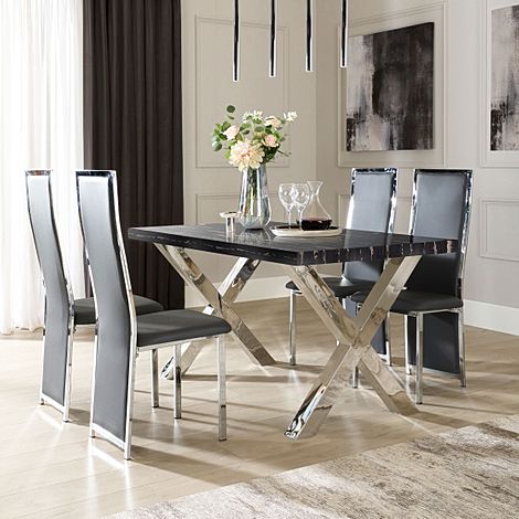 Carrera 150cm Black Marble and Chrome Dining Table with 4 Celeste Grey Leather Chairs