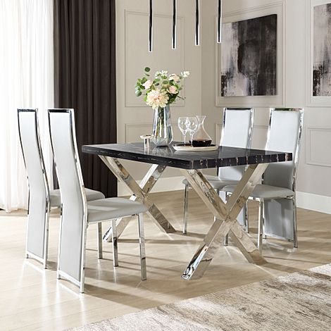 Carrera 150cm Black Marble and Chrome Dining Table with 4 Celeste Light Grey Leather Chairs