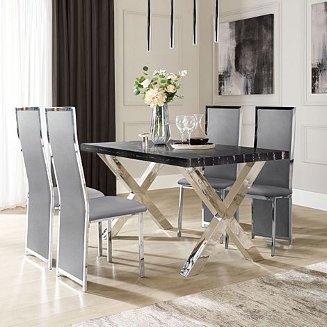 Carrera 150cm Black Marble and Chrome Dining Table with 4 Celeste Grey Velvet Chairs