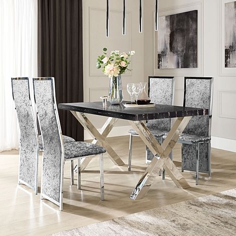 Carrera 150cm Black Marble and Chrome Dining Table with 4 Celeste Silver Crushed Velvet Chairs