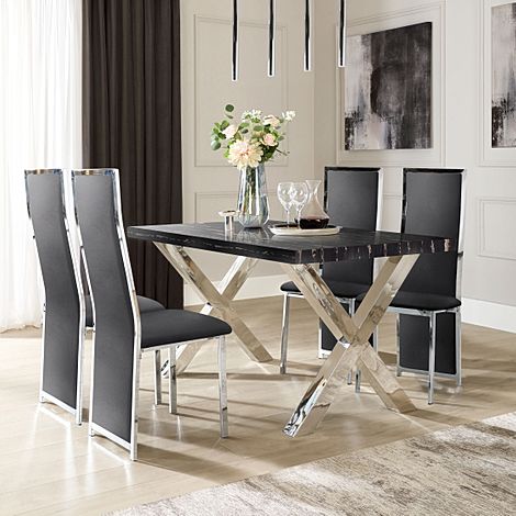 Carrera 150cm Black Marble and Chrome Dining Table with 4 Celeste Black Velvet Chairs
