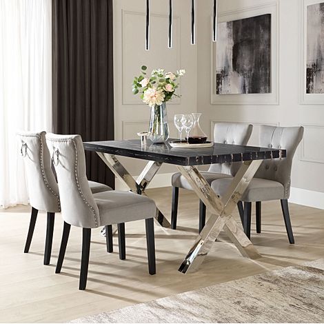 Carrera 150cm Black Marble and Chrome Dining Table with 4 Kensington Grey Velvet Chairs