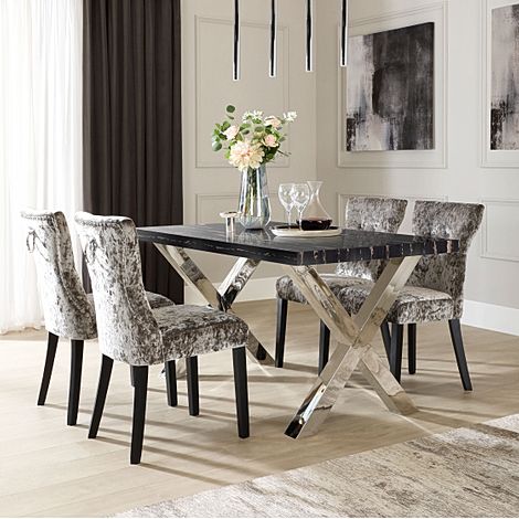 Carrera 150cm Black Marble and Chrome Dining Table with 4 Kensington Silver Velvet Chairs
