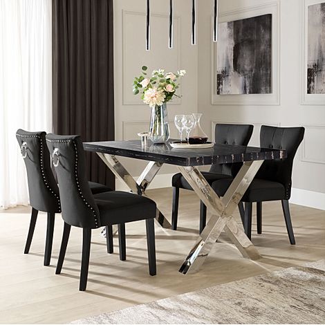 Carrera 150cm Black Marble and Chrome Dining Table with 4 Kensington Black Velvet Chairs