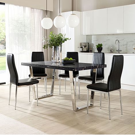 Milento 150cm Black Marble and Chrome Dining Table with 4 Leon Black Leather Chairs