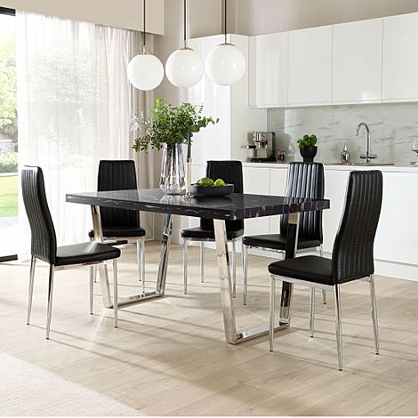 Milento Dining Table & 6 Leon Chairs, Black Marble Effect & Chrome, Black Classic Faux Leather, 150cm