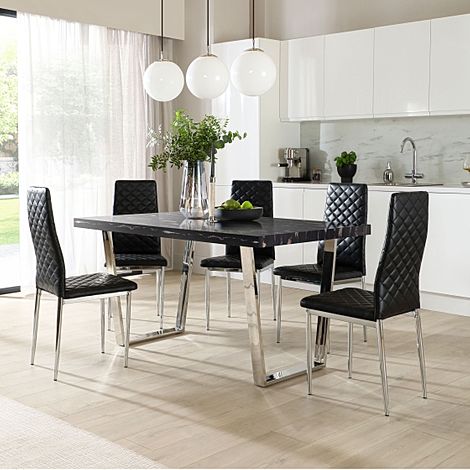 Milento 150cm Black Marble and Chrome Dining Table with 4 Renzo Black Leather Chairs