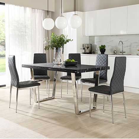 Milento 150cm Black Marble and Chrome Dining Table with 4 Renzo Grey Leather Chairs