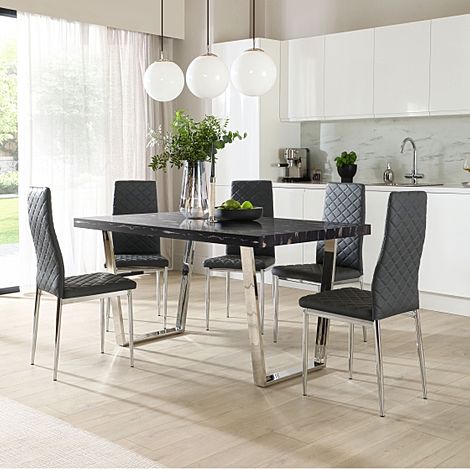 Milento Dining Table & 4 Renzo Chairs, Black Marble Effect & Chrome, Grey Classic Faux Leather, 150cm
