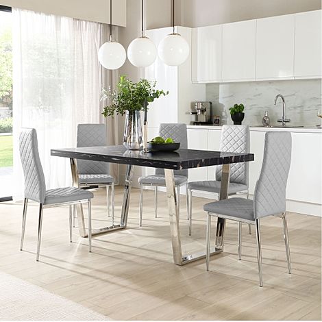 Milento 150cm Black Marble and Chrome Dining Table with 4 Renzo Light Grey Leather Chairs