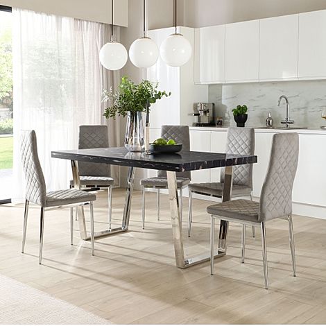 Milento 150cm Black Marble and Chrome Dining Table with 4 Renzo Grey Velvet Chairs