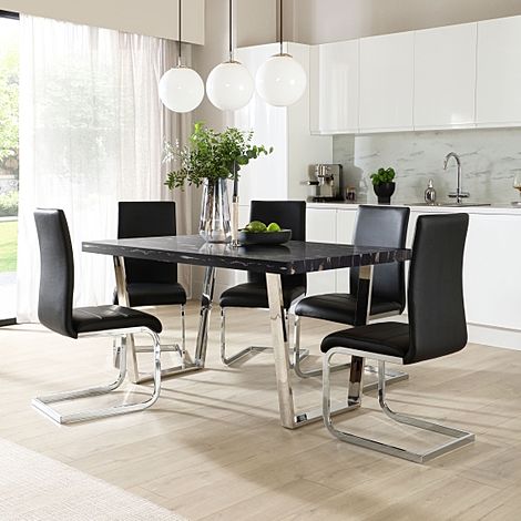 Milento 150cm Black Marble and Chrome Dining Table with 4 Perth Black Leather Chairs