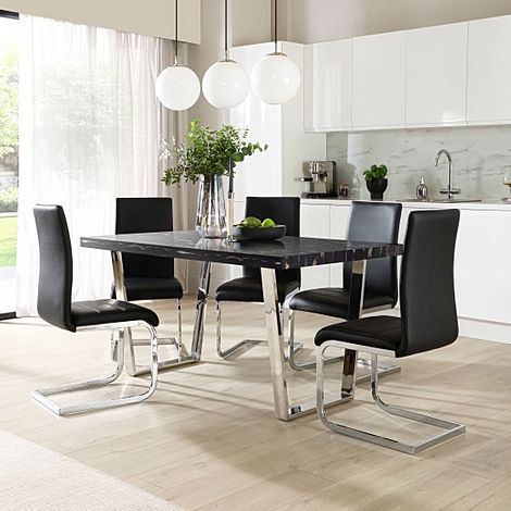 Milento Dining Table & 6 Perth Chairs, Black Marble Effect & Chrome, Black Classic Faux Leather, 150cm