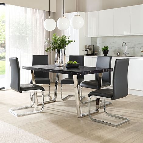 Milento Dining Table & 4 Perth Chairs, Black Marble Effect & Chrome, Grey Classic Faux Leather, 150cm